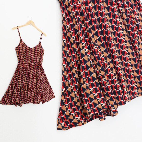 Miss Me Retro Geometric Print Fit Flared Skater Dress S V Neck Pinup Y2K Vintage - Picture 14 of 16